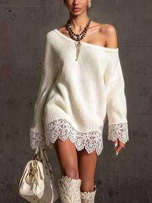 SHEIN Women's Lace Patchwork Asymmetric Neck Casual Everyday Long Sleeve Sweater - White - View 3