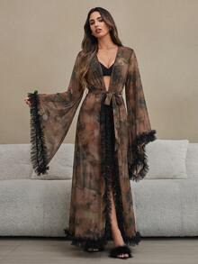 HautHeat Women's Tie-Dye Contrast Mesh Frill Trim Loose Long Nightgown - Coffee Brown - View 6