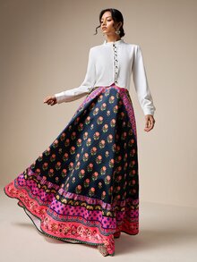 LOTSLUV Women's Ditsy Floral Maxi Skirt,High-Waisted A-Line,Flared Fit,Border Print,Romantic Elegant Skirt For Wedding,Birthday,Party,Vacation Outfits Women - Black - View 5