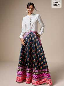 LOTSLUV Women's Ditsy Floral Maxi Skirt,High-Waisted A-Line,Flared Fit,Border Print,Romantic Elegant Skirt For Wedding,Birthday,Party,Vacation Outfits Women - Black - View 3