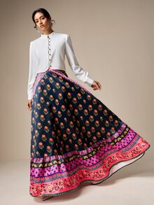 LOTSLUV Women's Ditsy Floral Maxi Skirt,High-Waisted A-Line,Flared Fit,Border Print,Romantic Elegant Skirt For Wedding,Birthday,Party,Vacation Outfits Women - Black - View 4