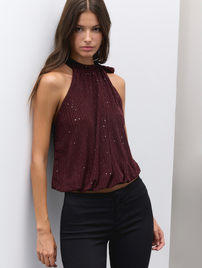 Nöista Burgundy Sequin Halter Top. Glamorous Sexy Evening Gown. Parties.Dates, Dinners,Weddings, Holiday Gatherings.Fall Winter,Luxurious Going Out.