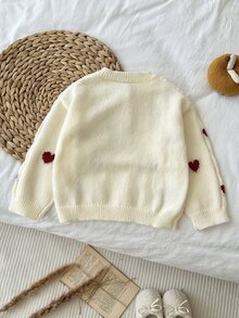 SHEIN 女童小女孩純色愛心圖案針織開襟衫休閒秋冬毛衣 - 彩色 - 查看 5