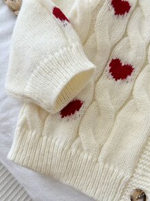 SHEIN 女童小女孩純色愛心圖案針織開襟衫休閒秋冬毛衣 - 彩色 - 查看 7