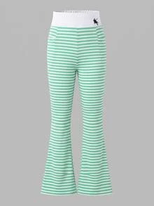 SHEIN Kids Tween Girl Knitted Colorblock Horse Logo Print Fitted Casual Flare Pants - Multicolor - View 3