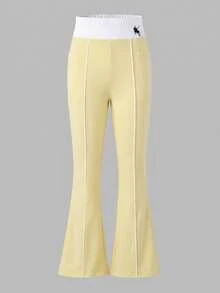 SHEIN Kids Tween Girl Knitted Colorblock Horse Logo Print Fitted Casual Flare Pants - Multicolor - View 4