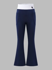 SHEIN Kids Tween Girl Knitted Colorblock Horse Logo Print Fitted Casual Flare Pants - Multicolor - View 2