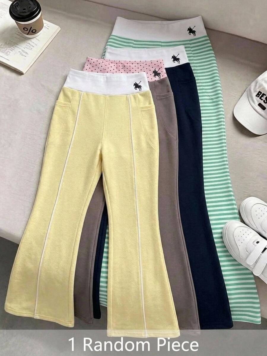 SHEIN Kids Tween Girl Knitted Colorblock Horse Logo Print Fitted Casual Flare Pants - Multicolor - View 1