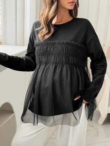 Dazy Maternity Contrast Mesh Loose Long Sleeve Round Neck Casual Vacation Spring Autumn Maternity T-Shirt - Black - View 3