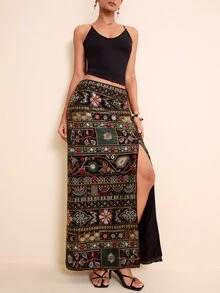 LOTSLUV Women's Spring/Summer Multicolor Heavy Embroidery Fabric Split Straight Skirt, Elegant Rustic Boho Midi, Vacation Outfits After Party Dinner Pool - Black - View 8
