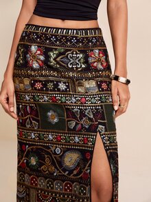 LOTSLUV Women's Spring/Summer Multicolor Heavy Embroidery Fabric Split Straight Skirt, Elegant Rustic Boho Midi, Vacation Outfits After Party Dinner Pool - Black - View 4
