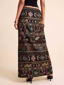 LOTSLUV Women's Spring/Summer Multicolor Heavy Embroidery Fabric Split Straight Skirt, Elegant Rustic Boho Midi, Vacation Outfits After Party Dinner Pool - Black - View 2