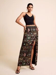 LOTSLUV Women's Spring/Summer Multicolor Heavy Embroidery Fabric Split Straight Skirt, Elegant Rustic Boho Midi, Vacation Outfits After Party Dinner Pool - Black - View 5