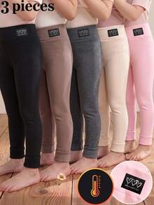 Young Girls Leggings 3 Pieces, Autumn/Winter New Style, Thermal Lined, Heart Pattern Patch, Thickened High Elasticity Long Pants - Multicolor - View 1