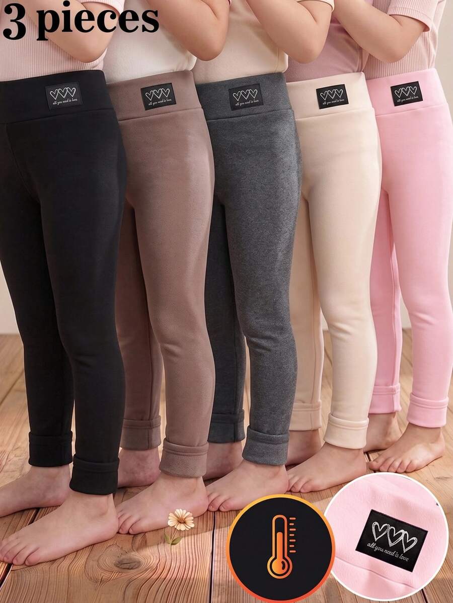 Young Girls Leggings 3 Pieces, Autumn/Winter New Style, Thermal Lined, Heart Pattern Patch, Thickened High Elasticity Long Pants - Multicolor - View 1