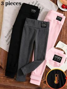 Young Girls Leggings 3 Pieces, Autumn/Winter New Style, Thermal Lined, Heart Pattern Patch, Thickened High Elasticity Long Pants - Multicolor - View 3