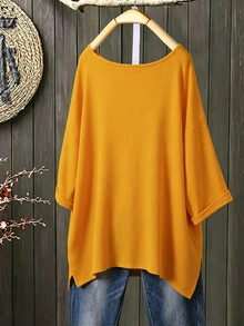 SHEIN Plus Size Women's Casual V-Neck Loose T-Shirt With Side Slit, Orange Yellow - Orange - View 2