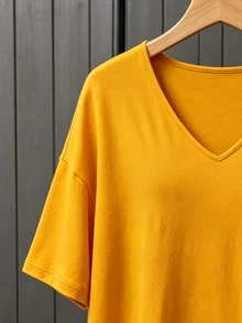 SHEIN Plus Size Women's Casual V-Neck Loose T-Shirt With Side Slit, Orange Yellow - Orange - View 4