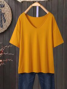SHEIN Plus Size Women's Casual V-Neck Loose T-Shirt With Side Slit, Orange Yellow - Orange - View 3