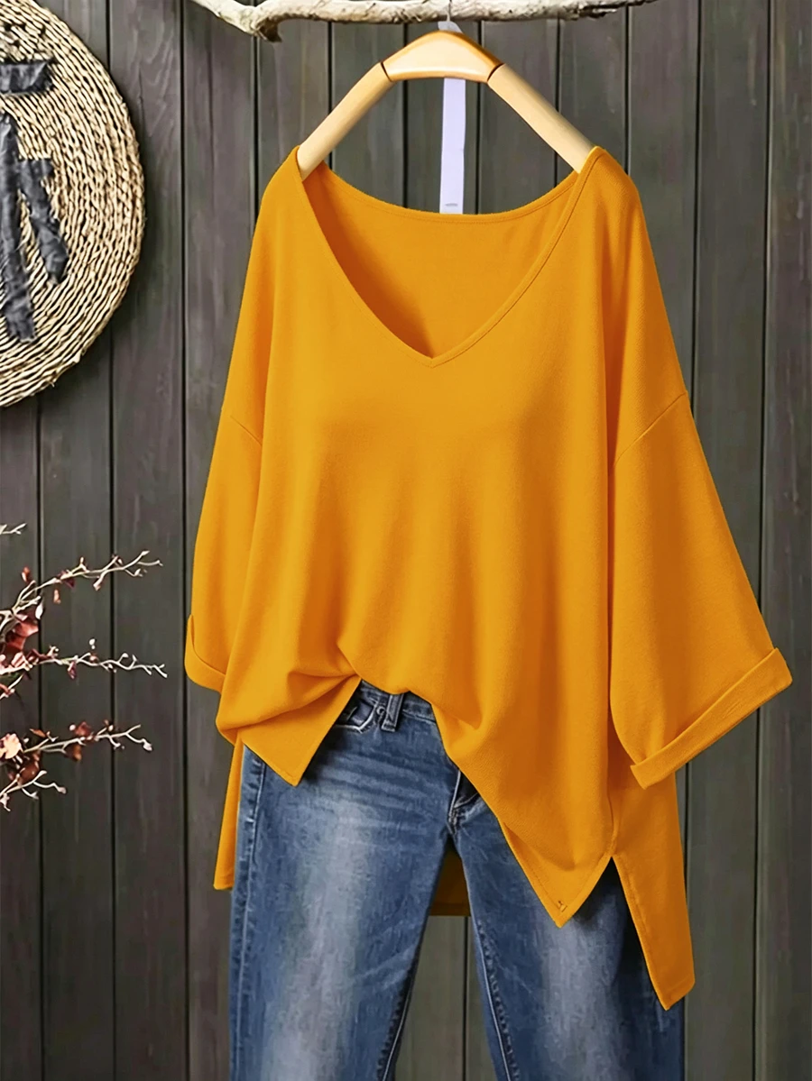 SHEIN Plus Size Women's Casual V-Neck Loose T-Shirt With Side Slit, Orange Yellow - Orange - View 1