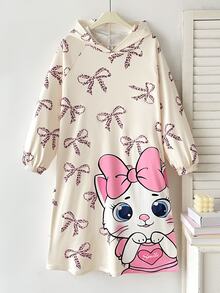 SHEIN 青少年女孩秋冬休閒保暖內裡加厚雙面珊瑚絨甜美蝴蝶結豹紋卡通小貓印花寬鬆長版連帽套頭睡衣家居服 - 淺粉色 - 查看 2