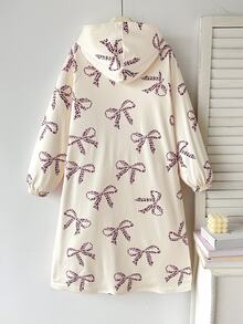 SHEIN 青少年女孩秋冬休閒保暖內裡加厚雙面珊瑚絨甜美蝴蝶結豹紋卡通小貓印花寬鬆長版連帽套頭睡衣家居服 - 淺粉色 - 查看 3