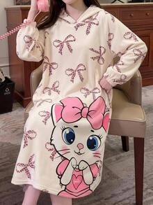 SHEIN 青少年女孩秋冬休閒保暖內裡加厚雙面珊瑚絨甜美蝴蝶結豹紋卡通小貓印花寬鬆長版連帽套頭睡衣家居服 - 淺粉色 - 查看 1