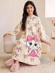 SHEIN 青少年女孩秋冬休閒保暖內裡加厚雙面珊瑚絨甜美蝴蝶結豹紋卡通小貓印花寬鬆長版連帽套頭睡衣家居服 - 淺粉色 - 查看 6