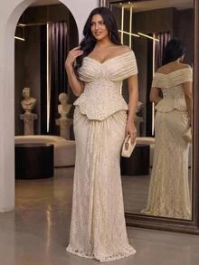 Aureia Plus Size Elegant Luxurious Stretchy Lace Beaded Rhinestone Embroidered Ruched Sleeve Mermaid Dress For Wedding, Single Party, Vacation, Ball, Holiday Gathering, Music Festival, Graduation Season, Evening Gala - Champagne - View 7