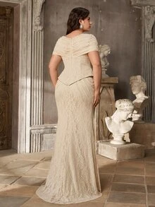 Aureia Plus Size Elegant Luxurious Stretchy Lace Beaded Rhinestone Embroidered Ruched Sleeve Mermaid Dress For Wedding, Single Party, Vacation, Ball, Holiday Gathering, Music Festival, Graduation Season, Evening Gala - Champagne - View 3