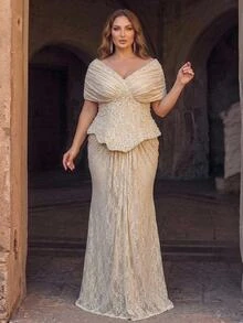 Aureia Plus Size Elegant Luxurious Stretchy Lace Beaded Rhinestone Embroidered Ruched Sleeve Mermaid Dress For Wedding, Single Party, Vacation, Ball, Holiday Gathering, Music Festival, Graduation Season, Evening Gala - Champagne - View 1