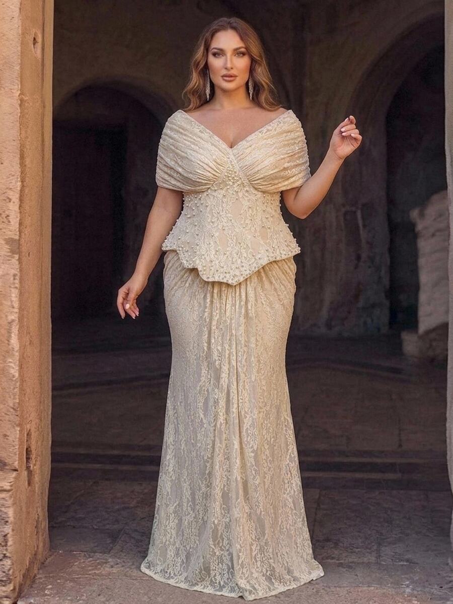 Aureia Plus Size Elegant Luxurious Stretchy Lace Beaded Rhinestone Embroidered Ruched Sleeve Mermaid Dress For Wedding, Single Party, Vacation, Ball, Holiday Gathering, Music Festival, Graduation Season, Evening Gala - Champagne - View 1