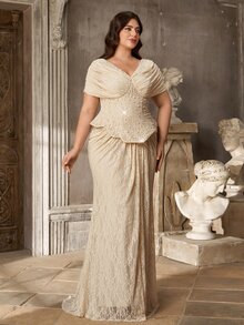 Aureia Plus Size Elegant Luxurious Stretchy Lace Beaded Rhinestone Embroidered Ruched Sleeve Mermaid Dress For Wedding, Single Party, Vacation, Ball, Holiday Gathering, Music Festival, Graduation Season, Evening Gala - Champagne - View 5