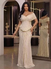 Aureia Plus Size Elegant Luxurious Stretchy Lace Beaded Rhinestone Embroidered Ruched Sleeve Mermaid Dress For Wedding, Single Party, Vacation, Ball, Holiday Gathering, Music Festival, Graduation Season, Evening Gala - Champagne - View 6
