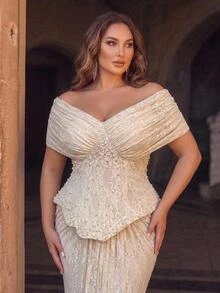 Aureia Plus Size Elegant Luxurious Stretchy Lace Beaded Rhinestone Embroidered Ruched Sleeve Mermaid Dress For Wedding, Single Party, Vacation, Ball, Holiday Gathering, Music Festival, Graduation Season, Evening Gala - Champagne - View 4
