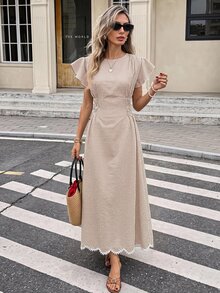 Serisse Vestido largo elegante de mujer con cuello redondo, mangas cortas con volantes y estampado a cuadros - Multicolor - Ver 4