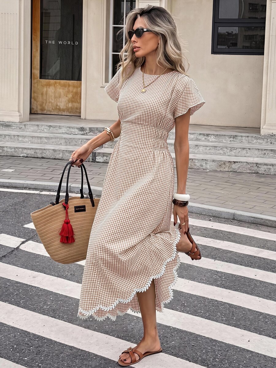 Serisse Vestido largo elegante de mujer con cuello redondo, mangas cortas con volantes y estampado a cuadros - Multicolor - Ver 1