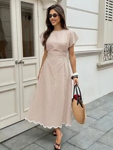 Serisse Vestido largo elegante de mujer con cuello redondo, mangas cortas con volantes y estampado a cuadros - Multicolor - Ver 6