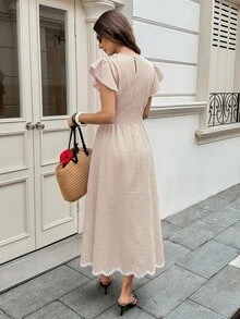Serisse Vestido largo elegante de mujer con cuello redondo, mangas cortas con volantes y estampado a cuadros - Multicolor - Ver 2