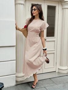 Serisse Vestido largo elegante de mujer con cuello redondo, mangas cortas con volantes y estampado a cuadros - Multicolor - Ver 7