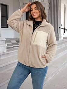 SHEIN LUNE Plus Size Casual Baggy Smart Business Reversible Fleece Patchwork Jacket For Winter Fall Zip Up Hiking Teacher Club Office Grey - Khaki - View 1