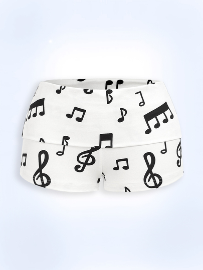 Shutterstock Y2Kool Pantaloncini casual da donna in stile Y2K con note musicali bianche, adatti per l'estate, le vacanze, le feste, l'uso quotidiano e i concerti. Pantaloncini bianchi, pantaloncini con grafica bianca e nera, pantaloncini con note musicali, nuova collezione sexy e alla moda per l'anno nuovo e la spiaggia Gyaru