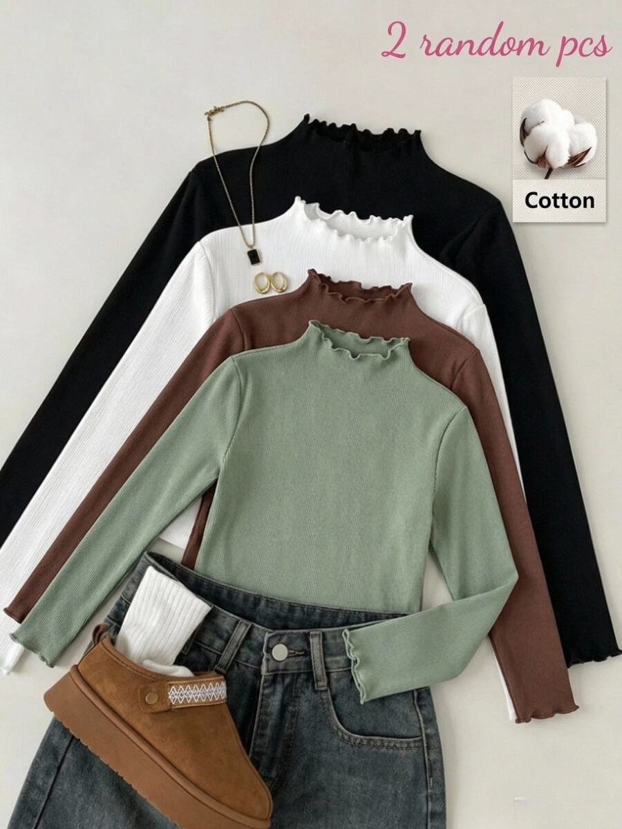 SHEIN Kids Tween Girl Tween Girl Autumn/Winter New Casual Minimalist Comfortable Knit Fleece Solid Color High Neck Long Sleeve T-Shirt 2pcs/Set Random 2 Pcs - Black and White - View 1