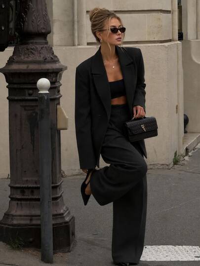 CLARA VERO Damskie eleganckie casualowe spodnie biurowe do pracy na lato, czarne, jednolite, z wysokim stanem, plisowane, z szerokimi nogawkami, luźne