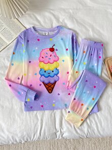 SHEIN Tween女孩秋冬日常居家甜美卡通螢光波點冰淇淋印花長袖套頭上衣與配套長褲套裝，2件式居家服套裝，彩色修身 - 彩色 - 查看 2