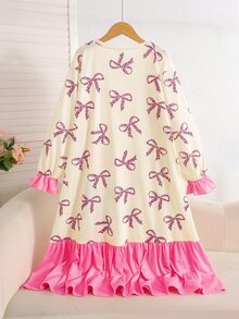SHEIN 少女秋/冬甜美卡通兔子蝴蝶結豹紋拼接荷葉邊長袖圓領套頭長洋裝居家服睡衣 粉色 - 淺粉色 - 查看 2