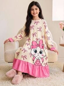 SHEIN 少女秋/冬甜美卡通兔子蝴蝶結豹紋拼接荷葉邊長袖圓領套頭長洋裝居家服睡衣 粉色 - 淺粉色 - 查看 5