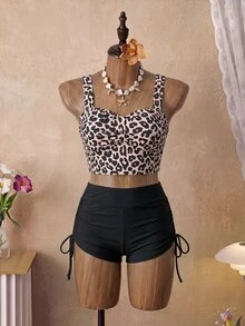 SHEIN Swim 女式 2025 节日豹纹抽绳黑色平角短裤、比基尼背心上衣泳装套装夏季 - 彩色 - 查看 5