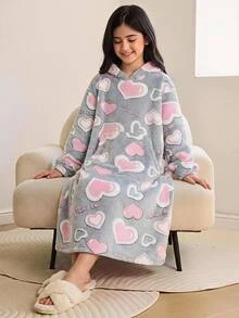 SHEIN 青少年女孩秋冬款寬鬆保暖內裡加厚雙面絨毛可愛愛心字母標語印花連帽袋鼠口袋長袖睡衣家居服睡袍 灰色/粉色 - 淺灰色 - 查看 6