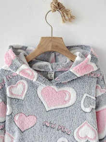 SHEIN 青少年女孩秋冬款寬鬆保暖內裡加厚雙面絨毛可愛愛心字母標語印花連帽袋鼠口袋長袖睡衣家居服睡袍 灰色/粉色 - 淺灰色 - 查看 3